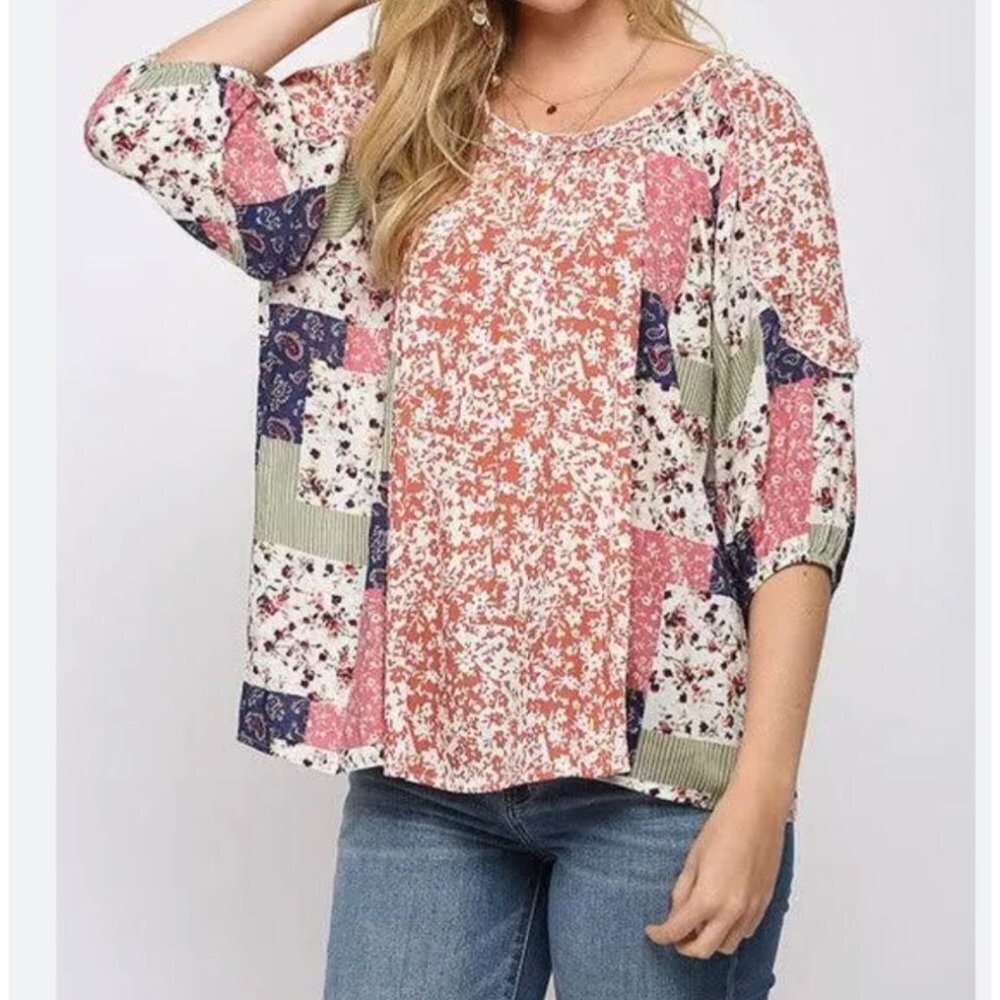 (NWT) GiGiO Coral Floral Print‎ Patchwork Top/Yellow Rose Mercantile size M
